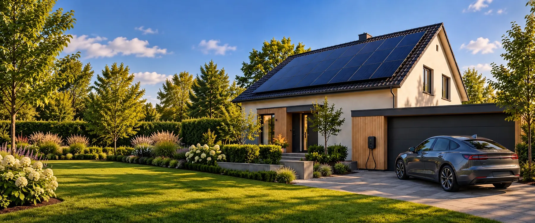 Illustration eines Hauses mit Solaranlage und Wallbox